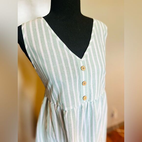 SHEIN XL Green White Striped Midi Sundress V-Neck A-Line Casual - Picture 3 of 12